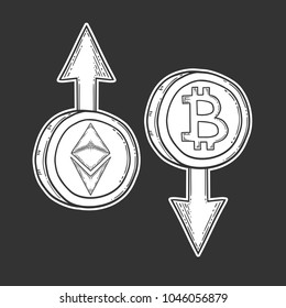 Bitcoin and ethereum growth and increase stock vector image, digital currency, cryptocurrency money, bitcoin symbol. Doodle and engraved style illustration, hand drawn.