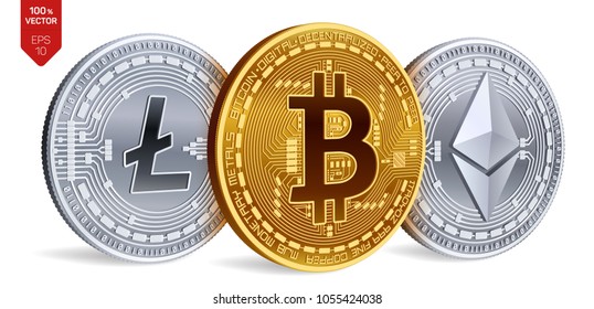 Bitcoin. Ethereum. Litecoin. 3D isometric Physical coins. Digital currency. Cryptocurrency. Silver and golden coins with bitcoin, litecoin and ethereum symbol on white background. Vector illustration.