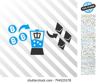 Bitcoin Ethereum Mixer icon with 700 bonus bitcoin mining and blockchain pictographs. Vector illustration style is flat iconic symbols design for crypto currency websites.