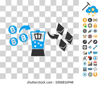 Bitcoin Ethereum Mixer pictograph with bonus bitcoin mining and blockchain clip art. Vector illustration style is flat iconic symbols. Designed for cryptocurrency websites.