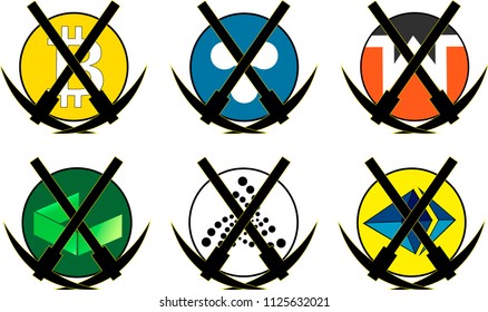 bitcoin, ethereum, ripple, neo, iota, monero, pickaxe crypto currency minimalist logo set
