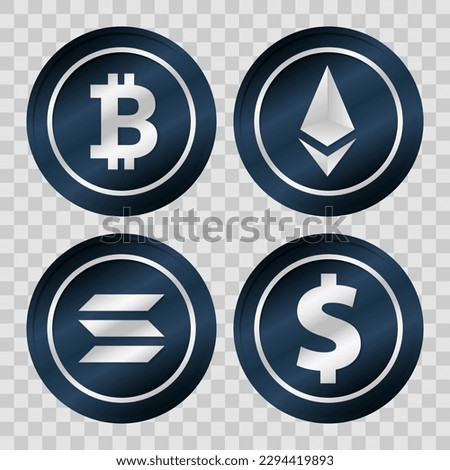 Bitcoin Ethereum Solana US Dollar sign. Isolated vector illustration. Blockchain technology, crypto currency symbol. Virtual money icon for business, finance, digital global trade, payment