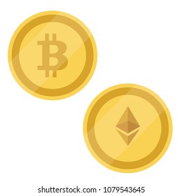  Bitcoin and Ethereum symbols . Competing cryptocurrencies concept.