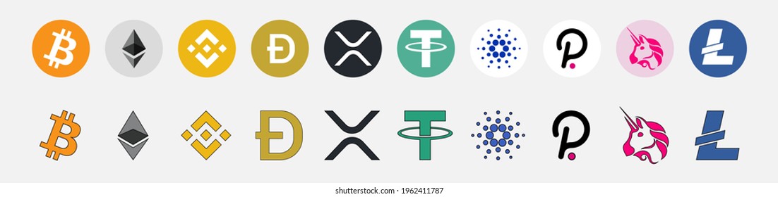 Bitcoin, Ethereum, Tether, dogecoin, Cardano, Binance Coin, Polkadot end xrp Bitcoin. vector svg