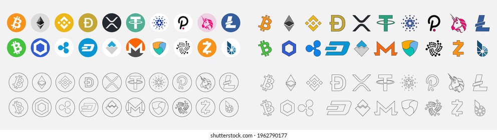 Bitcoin, Ethereum, Tether, dogecoin, Cardano, Binance Coin, Polkadot end xrp Bitcoin. vector