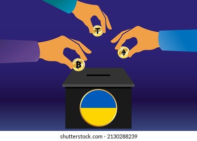 Bitcoin, Ethereum and Tether donation to Ukrainian government in Russia- Ukraine war.Donation box and hands holding the crypto currencys. Russia- Ukraine war and solidarty concept illustration.