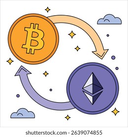 Bitcoin to Ethereum transaction vector. Ideal for crypto swaps, blockchain transfers, and DeFi graphics.