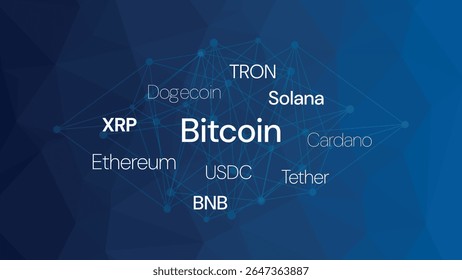 Bitcoin, Ethereum, XRP, Tether, BNB, Solana, USDC, TRON, Dogecoin, Cardano. Tecnologia de cadeia de blocos. Criptomoeda para negócios, finanças, comércio global, pagamento, carteira criptográfica
