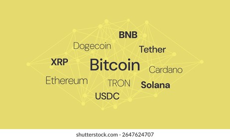 Bitcoin, Ethereum, XRP, Tether, BNB, Solana, USDC, TRON, Dogecoin, Cardano. Tecnologia de cadeia de blocos. Criptomoeda para negócios, finanças, comércio global, pagamento, carteira criptográfica