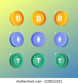 Bitcoin Etheruem Tether Coin di different view for Crypto Currencies Concept vector artwork