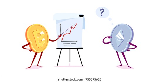Bitcoin and etherum with a flipchart. Vector cartoon illustration.