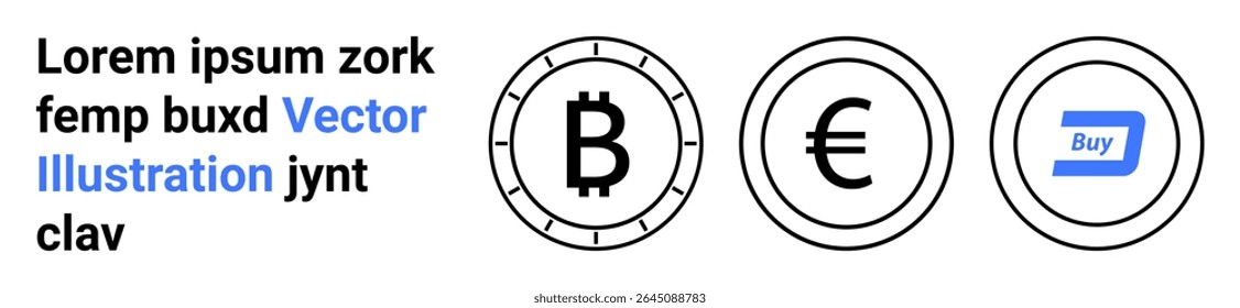 Bitcoin, Euro, and Buy icons in black circles paired with placeholder text in black and blue fonts. Ideal for cryptocurrency, finance, e-commerce, digital payments, fintech, online trading
