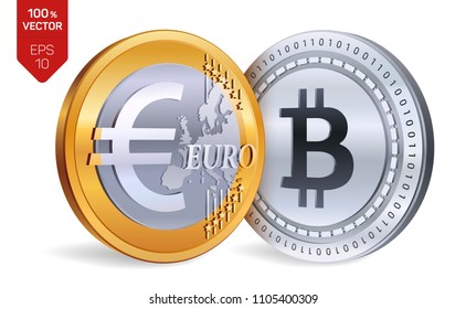 Bitcoin. Euro coin. 3D isometric Physical coins. Digital currency. Cryptocurrency. Golden and silver coins with Bitcoin and Euro symbol isolated on white background. Vector illustration.