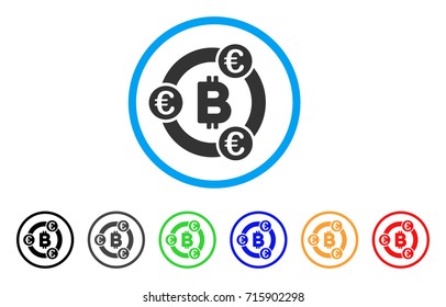 Bitcoin Euro Collaboration icon. Vector illustration style is a flat iconic bitcoin euro collaboration gray rounded symbol inside light blue circle with black, gray, green, blue, red,