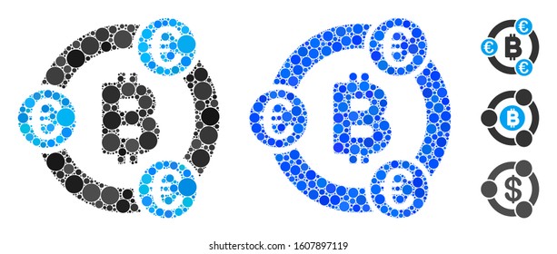 Bitcoin Euro collaboration mosaic of circle elements in various sizes and color tints, based on Bitcoin Euro collaboration icon. Vector circle elements are composed into blue composition.