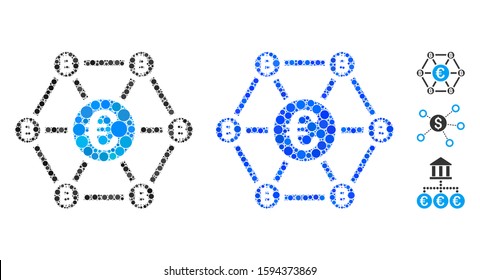 Bitcoin Euro net structure composition of small circles in different sizes and color tints, based on Bitcoin Euro net structure icon. Vector filled circles are grouped into blue composition.