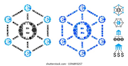 Bitcoin Euro network composition of circle elements in variable sizes and color tints, based on Bitcoin Euro network icon. Vector circle elements are organized into blue illustration.