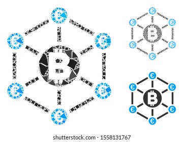 Bitcoin Euro network mosaic of humpy parts in various sizes and color tinges, based on Bitcoin Euro network icon. Vector humpy pieces are composed into illustration.