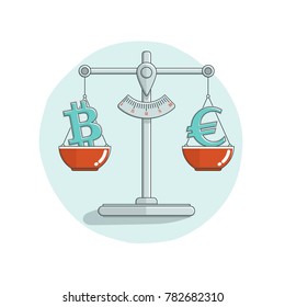 Bitcoin and euro on scales. Flat icon design of euro and bitcoin balance. Virtual currency. Crypto currency. New virtual money. EPS 10 vector illustration