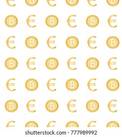 Bitcoin, euro, seamless pattern, crypto currency. Vector illustration, finance. Sign.