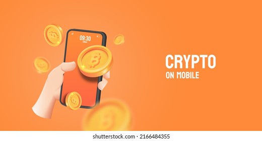 Intercambio de bitcoin. Banner web estilo diseño de smartphone con mano 3D con criptografía de moneda