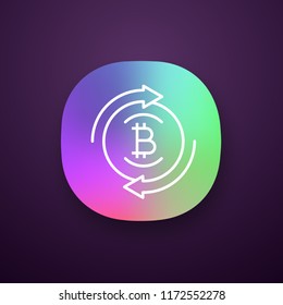 Bitcoin exchange app icon. Digital currency transaction. UI/UX user interface. Circle arrows with bitcoin coin inside. Refund cryptocurrency. Web or mobile application. Vector isolated illustration