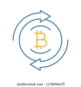 Bitcoin exchange color icon. Digital currency transaction. Circle arrows with bitcoin coin inside. Refund cryptocurrency. Isolated vector illustration