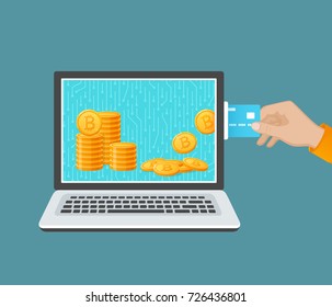 Bitcoin exchange concept. Cryptocurrency Capitalizations. A man's hand with a credit card, leptop and bitcoins. Purchase of digital virtual electronic coins. Vector 