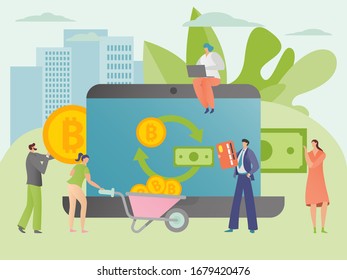 Bitcoin exchange concept, tiny people invest in cryptocurrency, cartoon characters vector illustration. Digital money virtual business, men and women exchange bitcoin online. Cash transaction symbol
