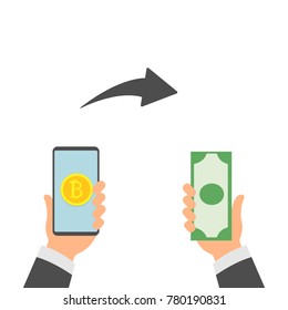 Bitcoin Exchange. Exchange of digital currency bitcoin and dollar. Modern finance economic, cryptocurrency concept. Vector