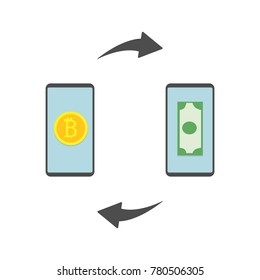 Bitcoin Exchange. Exchange of digital currency bitcoin and dollar. Modern finance economic, cryptocurrency concept. Vector