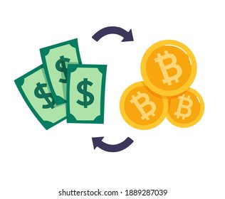 Bitcoin exchange for dolar. Blockchain technologies, bitcoins, altcoins, finance, digital money market, cryptocurrency coins. Vector icon