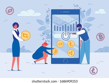 Bitcoin Exchange, Ganar Dinero Ilustración Vector de Dibujo Plano. Tecnología de cadena de bloqueo, minería de criptomoneda. Personas que crean diseño web en teléfonos móviles. Levantar y pegar gráficos.