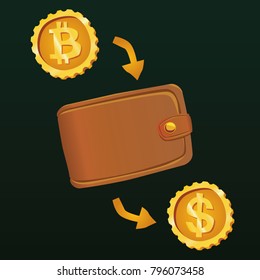Bitcoin exchange flat design. Cartoon style. Coins of crypto and dollar with wallet
