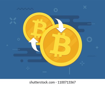 Bitcoin exchange in flat design style of web banner. Cryptocurrency technology and digital money. Vector illustration.