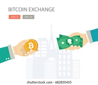 Bitcoin exchange flat illustration. Buy and sell deal. Eps 10