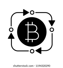 Bitcoin exchange glyph icon. Digital currency transaction. Silhouette symbol. Circle arrows with bitcoin inside. Refund cryptocurrency contour symbol. Fintech, big data. Vector isolated illustration