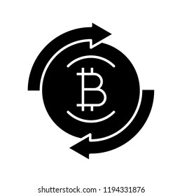 Bitcoin exchange glyph icon. Digital currency transaction. Silhouette symbol. Circle arrows with bitcoin coin inside. Refund cryptocurrency contour symbol. Negative space. Vector isolated illustration