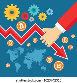 Bitcoin exchange graphic down - creative vector illustration in flat style. Human hand. Abstract digital cryptocurrency concept banner layout. Blue background. World map. 