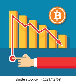 Bitcoin exchange graphic down - creative vector illustration in flat style. Human hand. Abstract digital cryptocurrency concept banner layout. Blue background. 