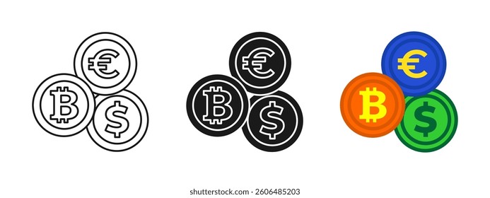 Bitcoin exchange icon. Crypto coin symbols (Bitcoin, Dollar, Euro) illustration. Currency exchange graphic. Digital finance transaction sign. Blockchain payment concept. Electronic wallet design.