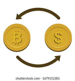 Bitcoin tauschen Symbol für Dollar auf weißem Hintergrund aus. Vektorillustration.
