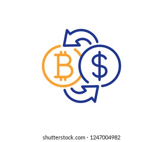 Bitcoin-Austauschsymbol. Kryptowährungszeichen. Dollar-Geldsymbol. Farbiges Rahmenkonzept. Blau und orange dünne Linie Farbe Bitcoin Austausch Symbol. Vektorgrafik