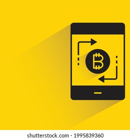 bitcoin exchange on smartphone icon with shadow on yellow background