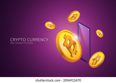 Bitcoin exchange on your smartphone with online investments. Blockchain Technology, Cryptocurrency Markets, Wallets, Application and Mobile Finance. isometric vector illustration.