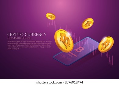 Bitcoin exchange on your smartphone with online investments. Blockchain Technology, Cryptocurrency Markets, Wallets, Application and Mobile Finance. isometric vector illustration.