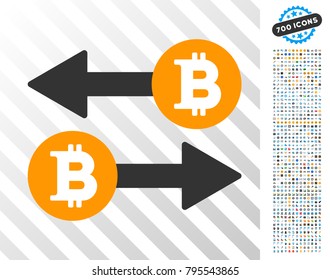 Bitcoin Exchange pictograph with 700 bonus bitcoin mining and blockchain clip art. Vector illustration style is flat iconic symbols design for crypto currency apps.