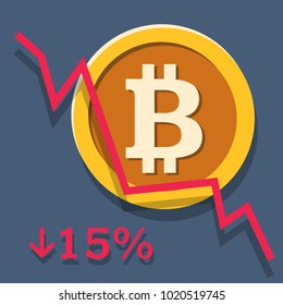 Bitcoin exchange rate dropping chart. Digital currency concept. Cryptocurrency. Flat vector illustration