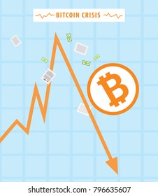 Bitcoin Exchange Rate Goes Down Graphic Cryptocurrency ICO Stock Market Vector Art Design Illustration.