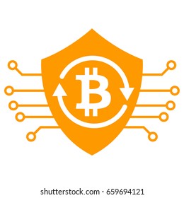 Bitcoin exchange shield isolated orange flat vector icon. Cryptocurrency shield vector icon.